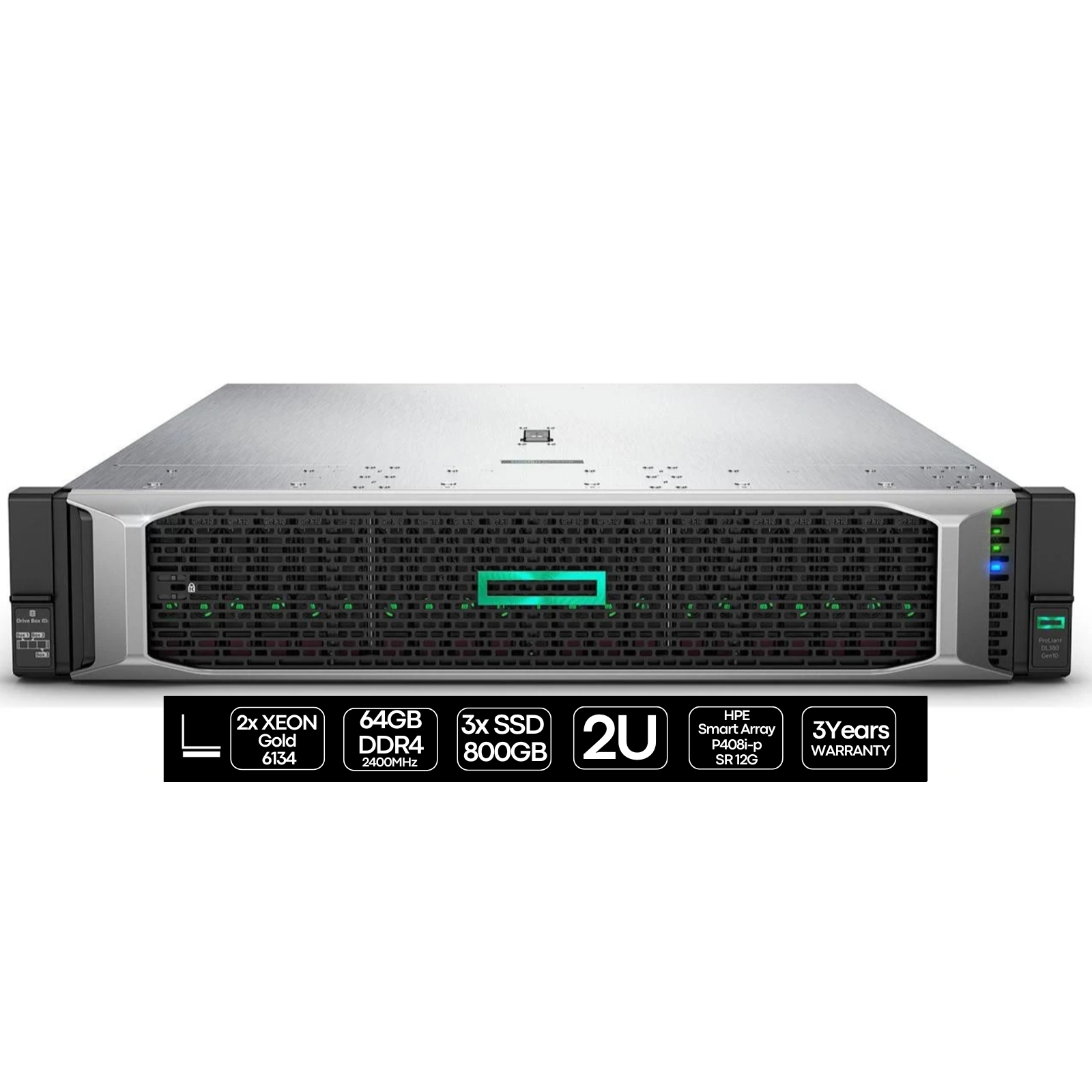 HP Proliant DL380 G10 | 2P Xeon Gold 6134 | 64GB | 3xSSD 800GB | SA P408a