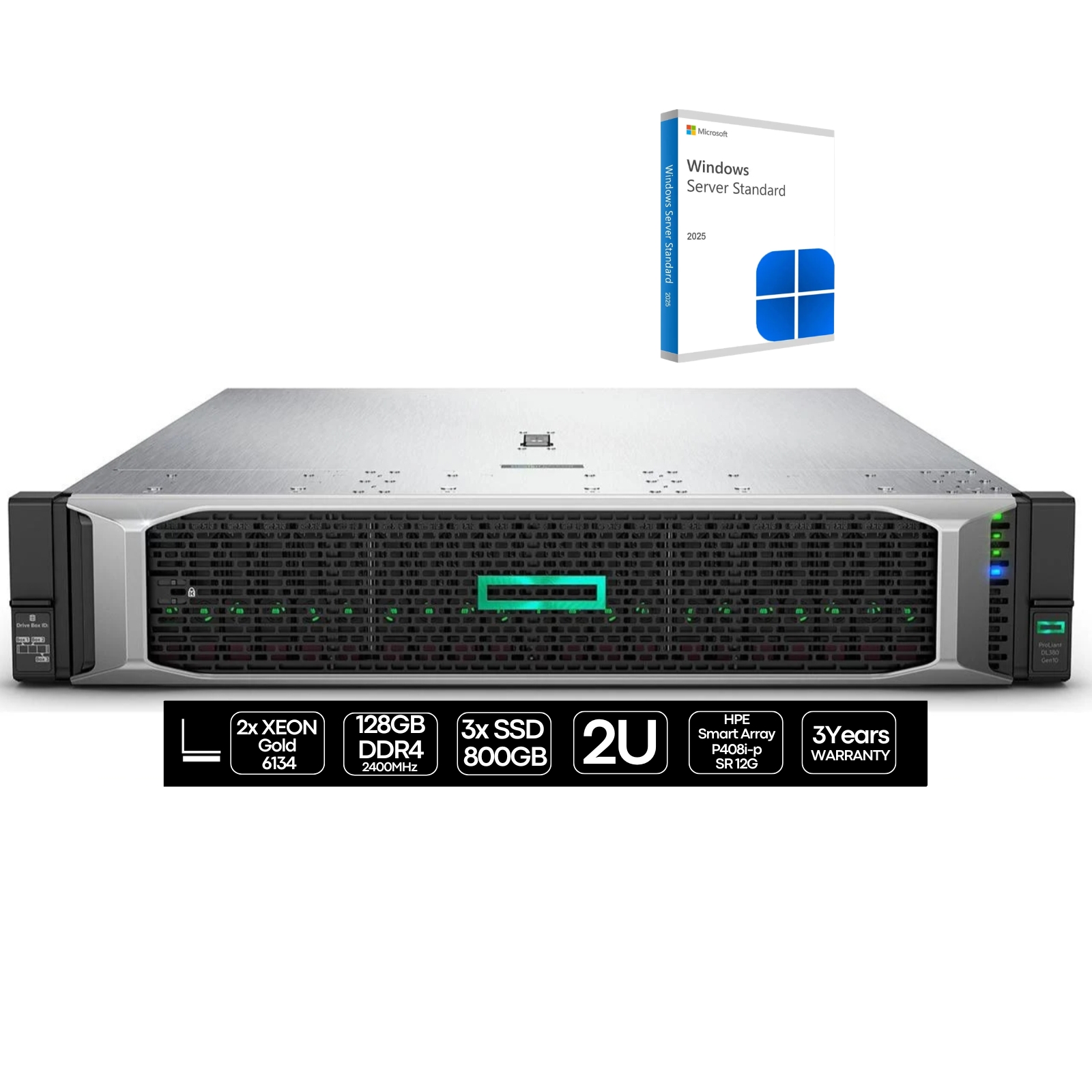 HP Proliant DL380 G10 6134 2P | 128GB | 3xSSD 800GB | SA P408a | WS 2025