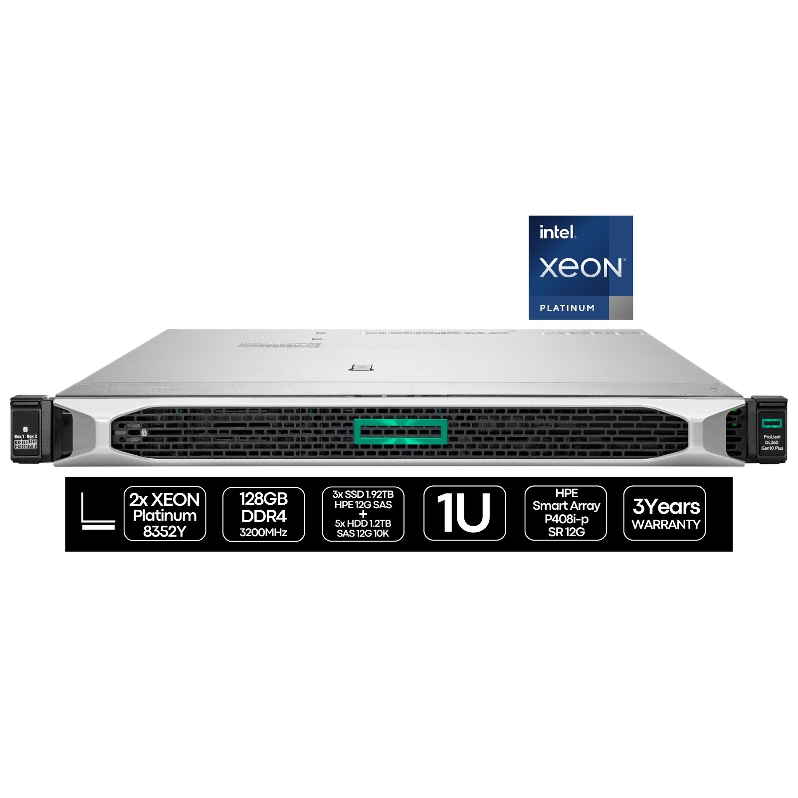 HPE DL360 Gen10 Plus SFF | 2P Platinum 8352Y | 128GB | 3xSSD 1.92TB SAS + 5xHDD 1.2TB | P408i | 2x 800W