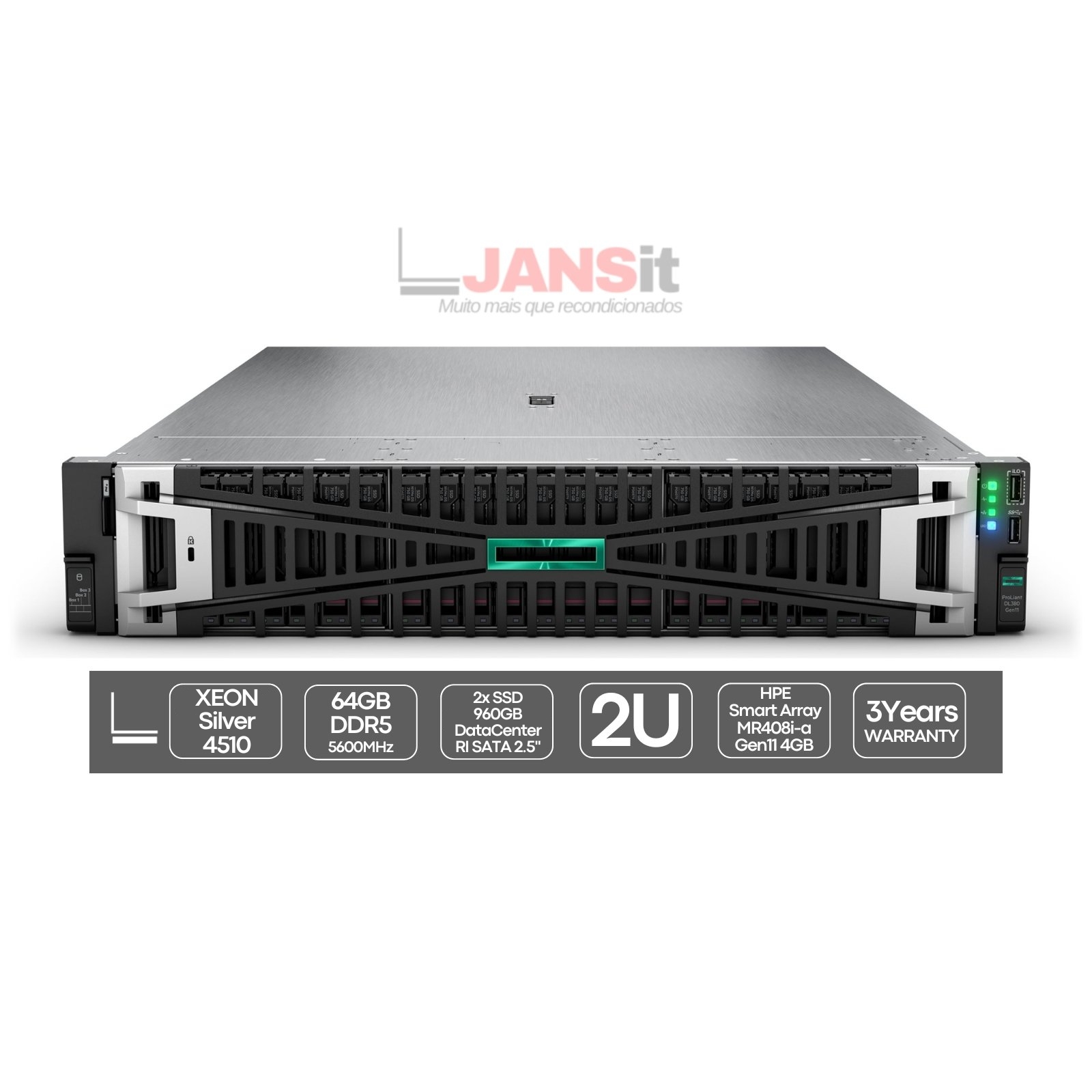 HP Proliant DL380 G11 | Xeon Silver 4510 | 64GB | 2xSSD 960GB | MR408i | 2x Fontes 1000W