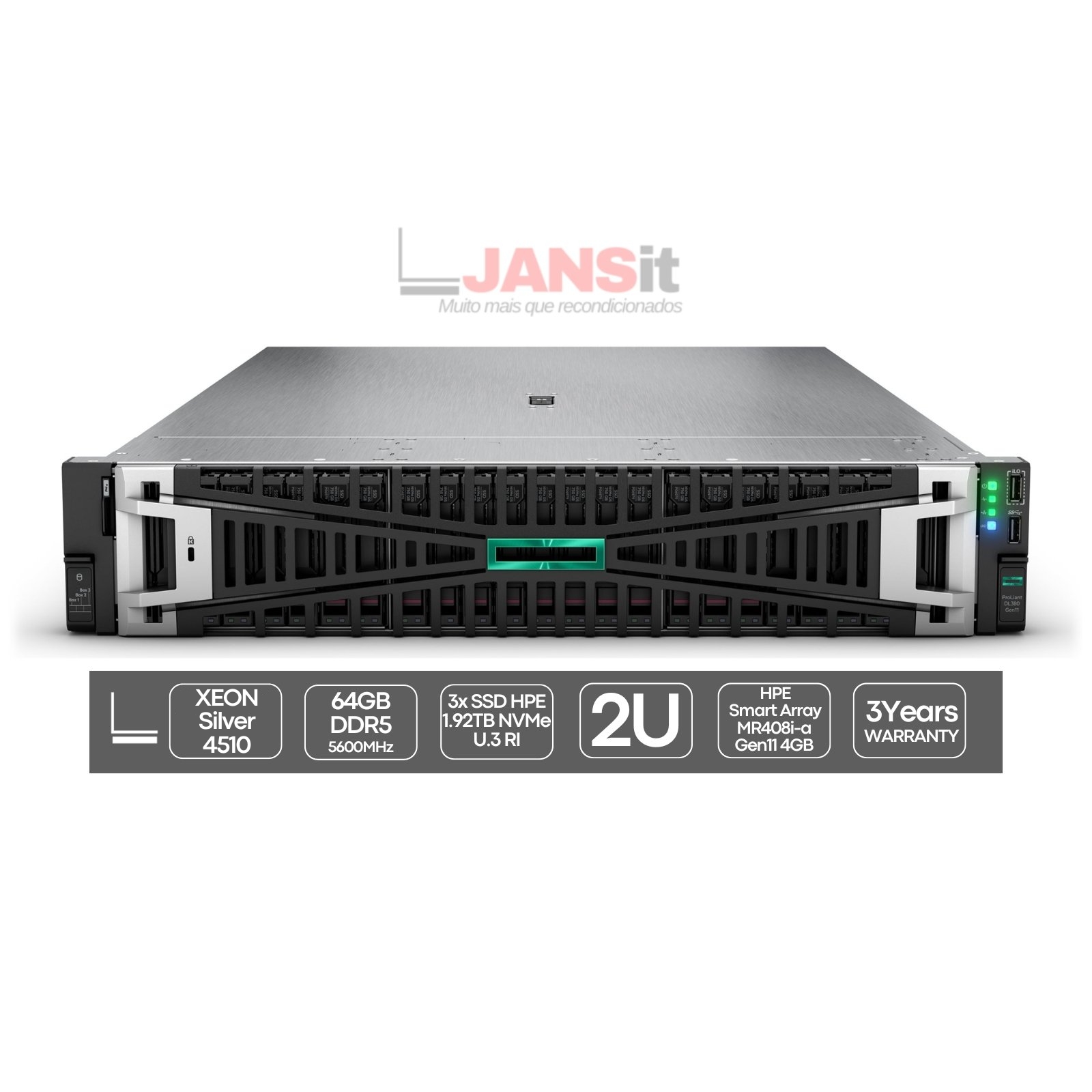 HP ProLiant DL380 G11 | Xeon Silver 4510 | 64GB | 3xSSD 1.92TB | MR408i | 2x Fontes 1000W